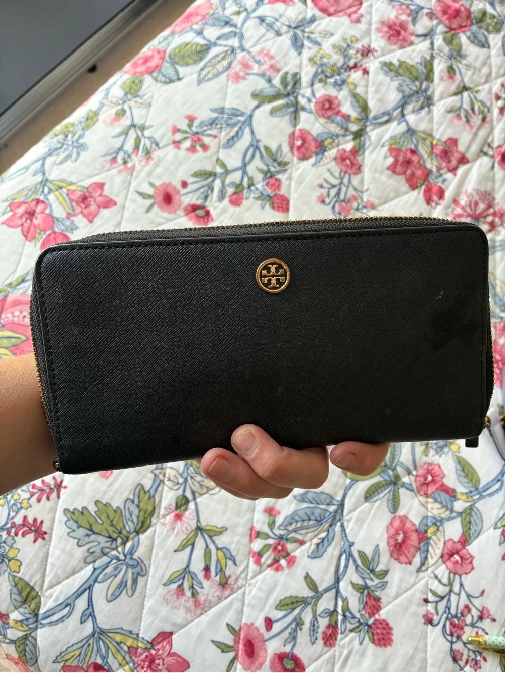 Tory Burch Black Saffiano Leather Zip Wallet with Gold Logo Accent